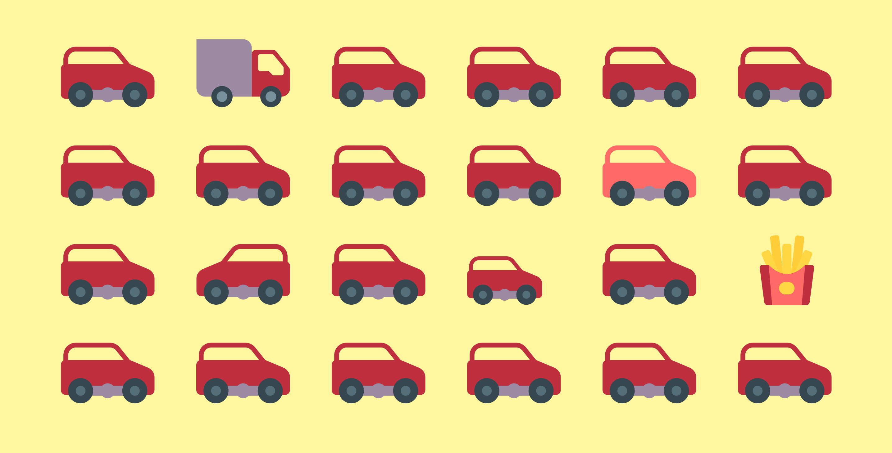 Illustration depicting a grid of cars, some being modified slightly in size, color, position, etc.