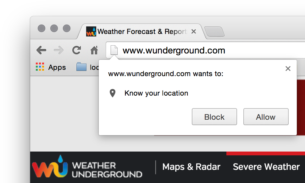 Chrome screenshot with geolocation notification prompt