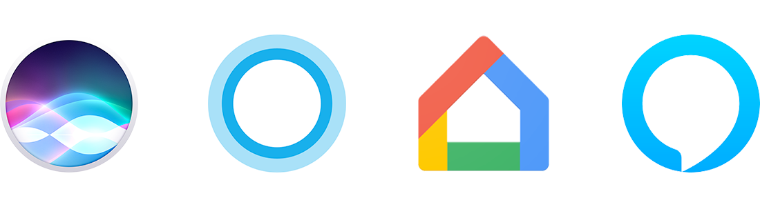 Logos for Apple Siri, Microsoft Cortana, Google Home, and Amazon Alexa
