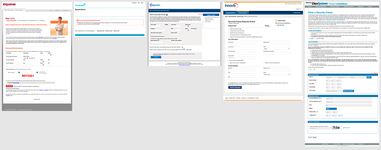 Screenshots of the first page for initiating a Credit Freeze for the five credit monitoring services.