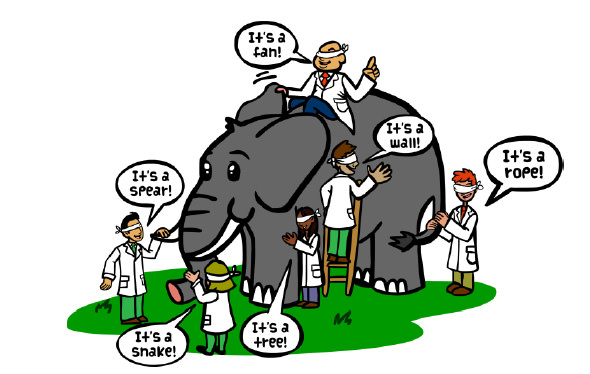 six blindfolded researchers in labcoats each exploring parts of an elephant with six different reactions
