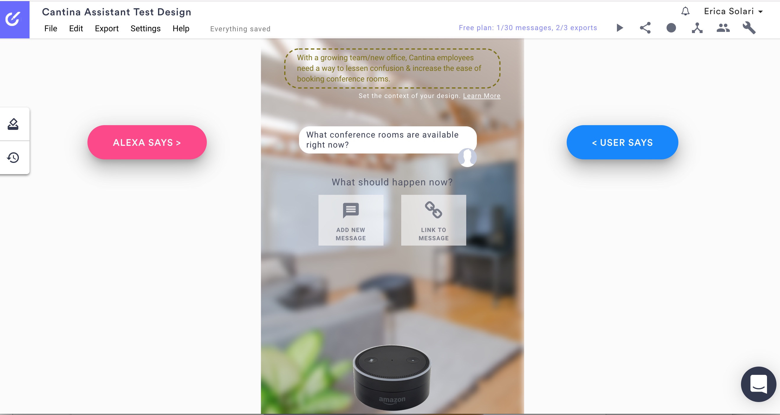 Screenshot of Botsociety interface using voice commands overlaid with photo of Alexa unit