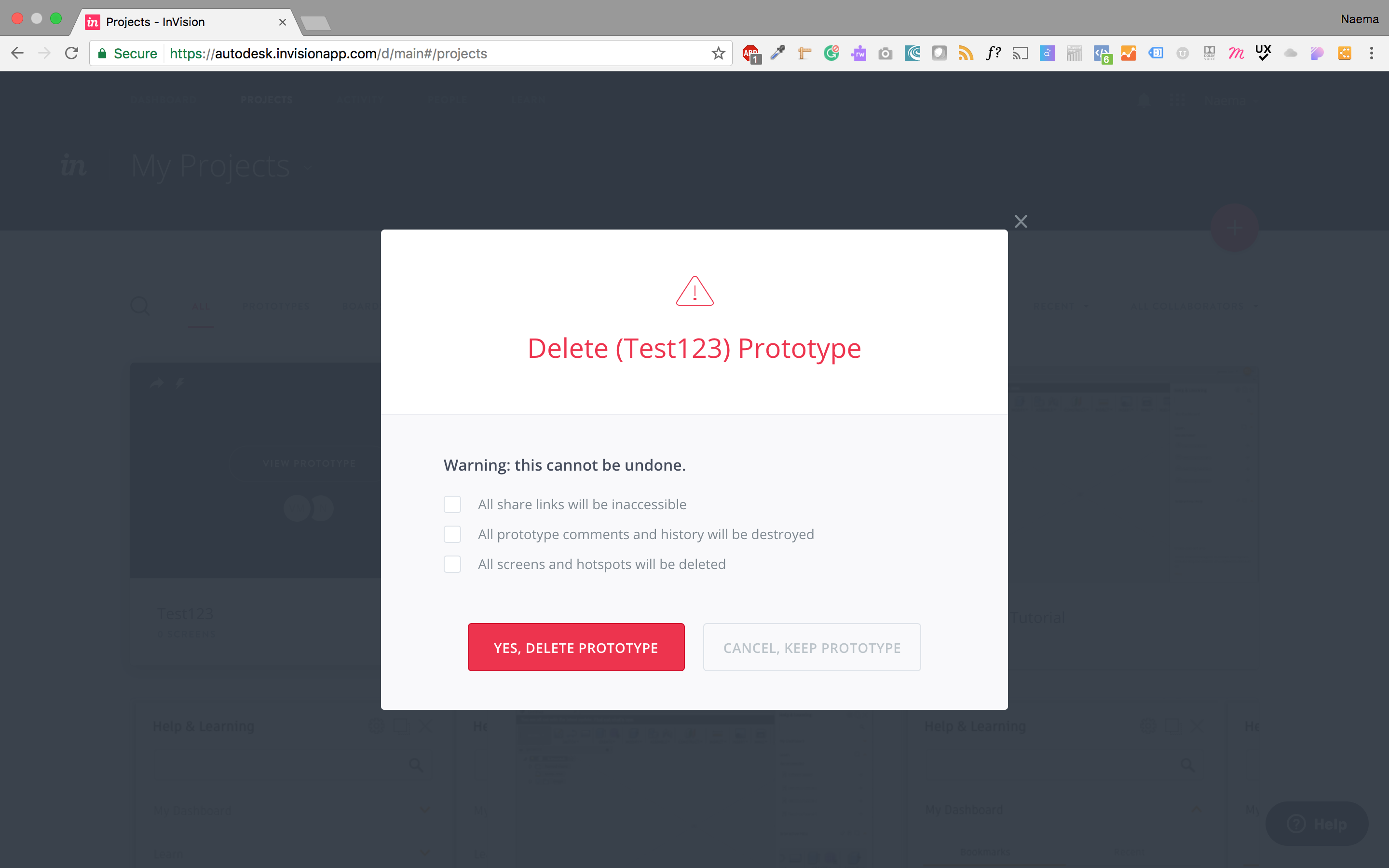 Image of a modal; Invision uses a modal for deletion.