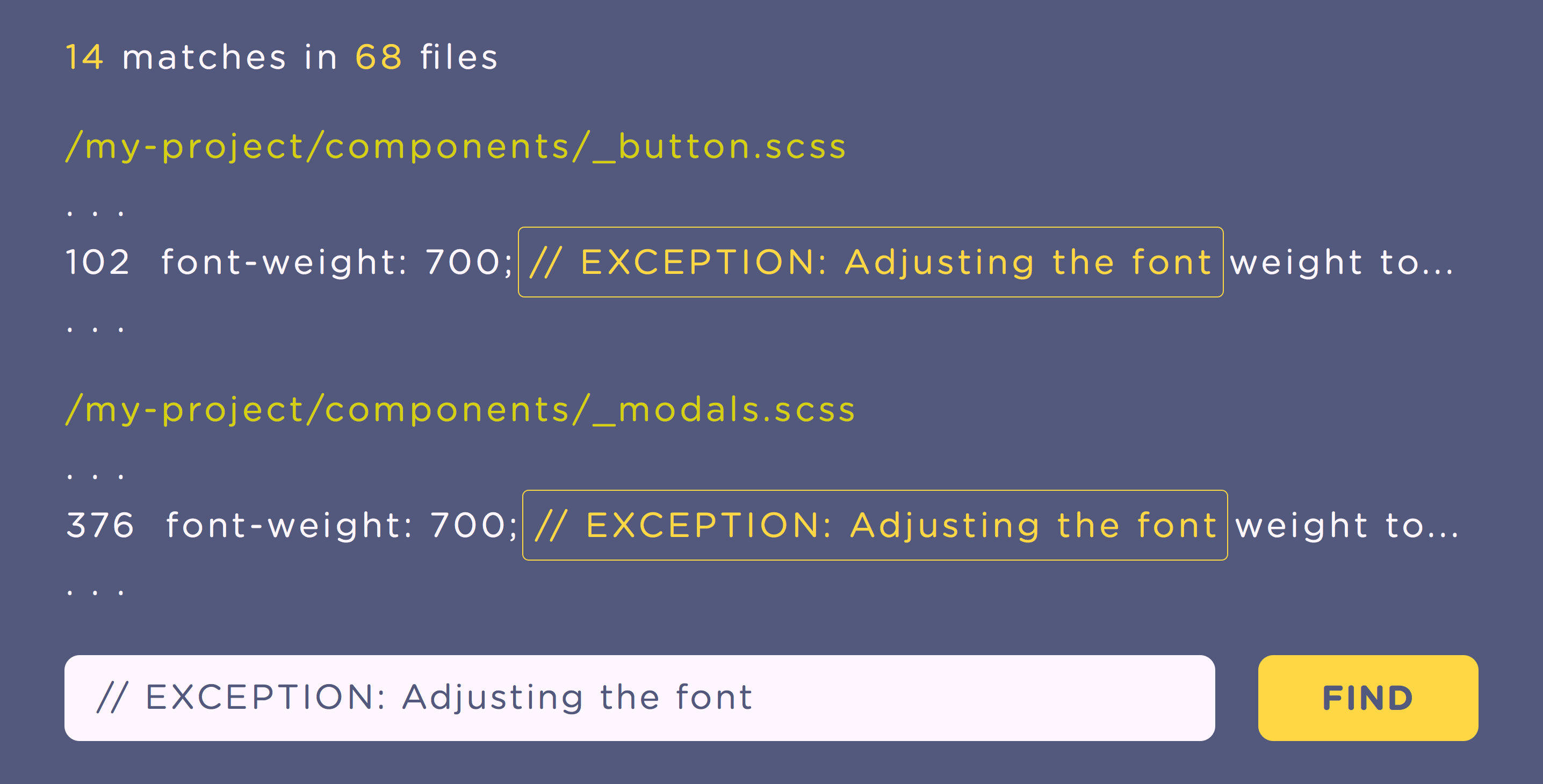 Illustration depicting a code editor, where multiple instances of the EXCEPTION comment have been highlighted