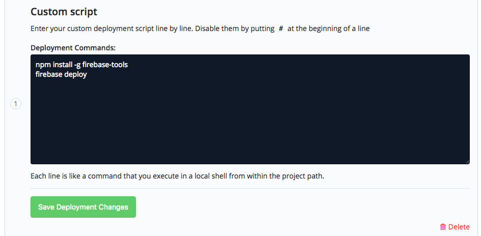 Enter in the two Firebase commands to be run on deployment