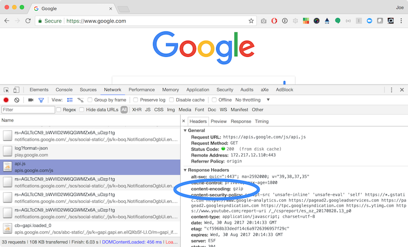 JavaScript files served with gzip compression from google.com