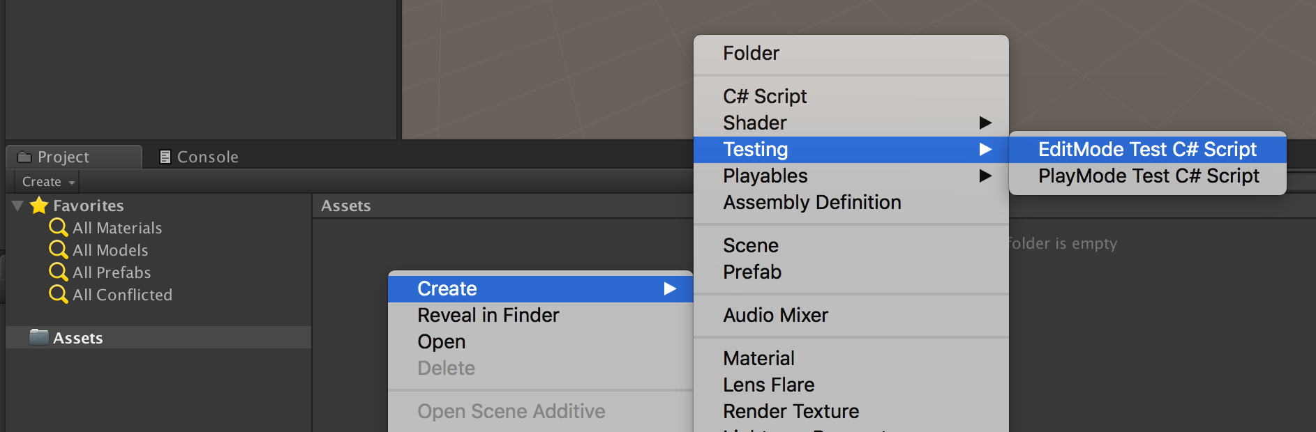 Screenshot of the project panel with the create menu open to testing