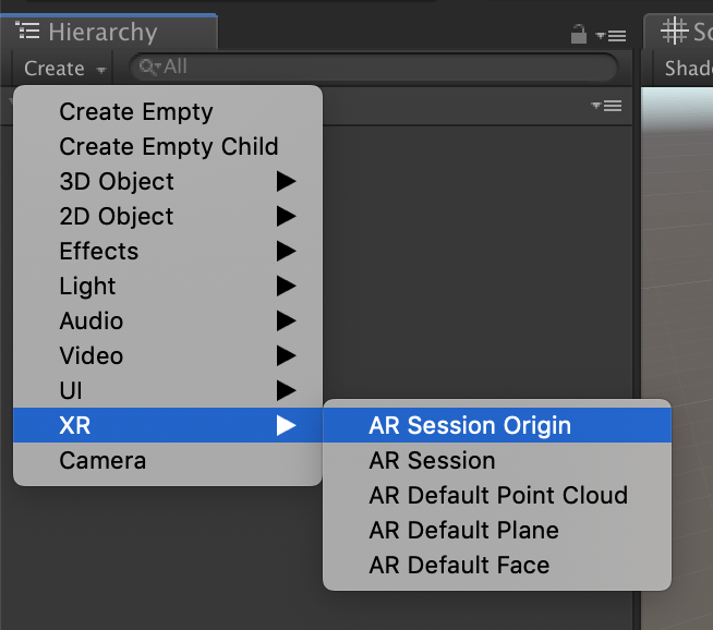 Screenshot of the Unity editor create menu