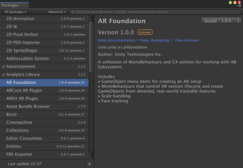 Screenshot of the Unity Package Manager