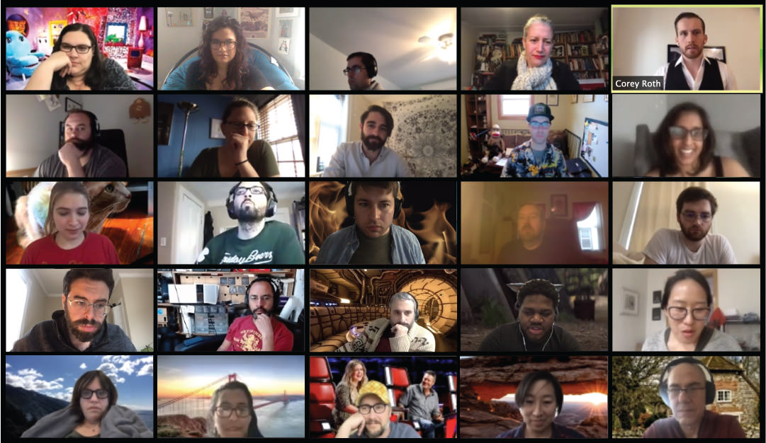 Zoom screen capture of Hive Mind participants in 4 over 5 grid.