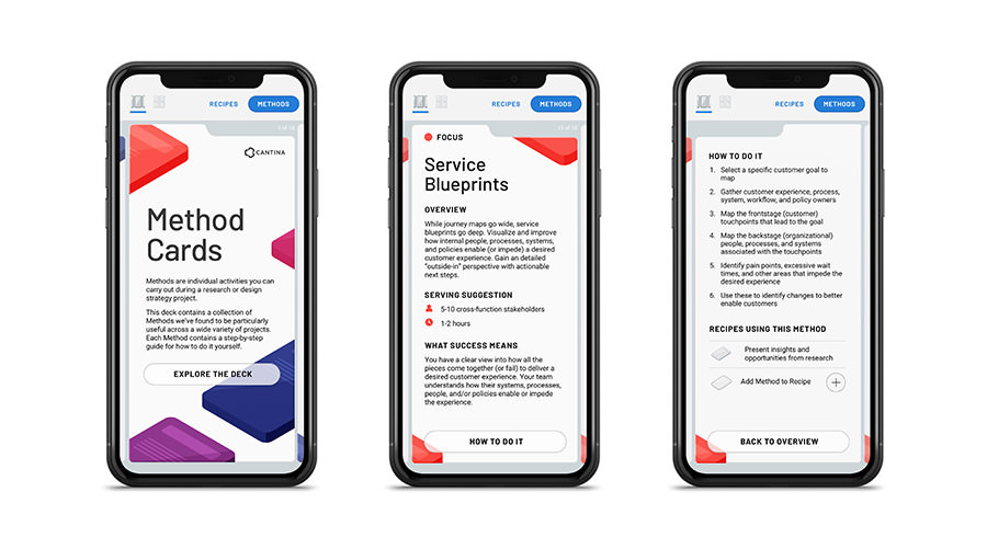 View of three iOS phones running the Experience Strategy Cards app - Method Cards, Service Blueprints, How to Do It.