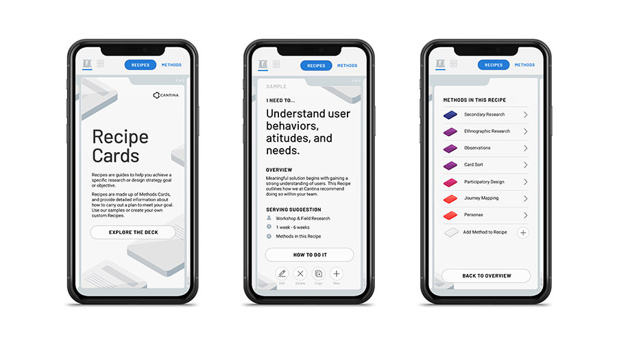 View of three iOS phones running the Experience Strategy Cards app - Recipe Cards, Understand User Behaviors..., Methods in this Recipe.