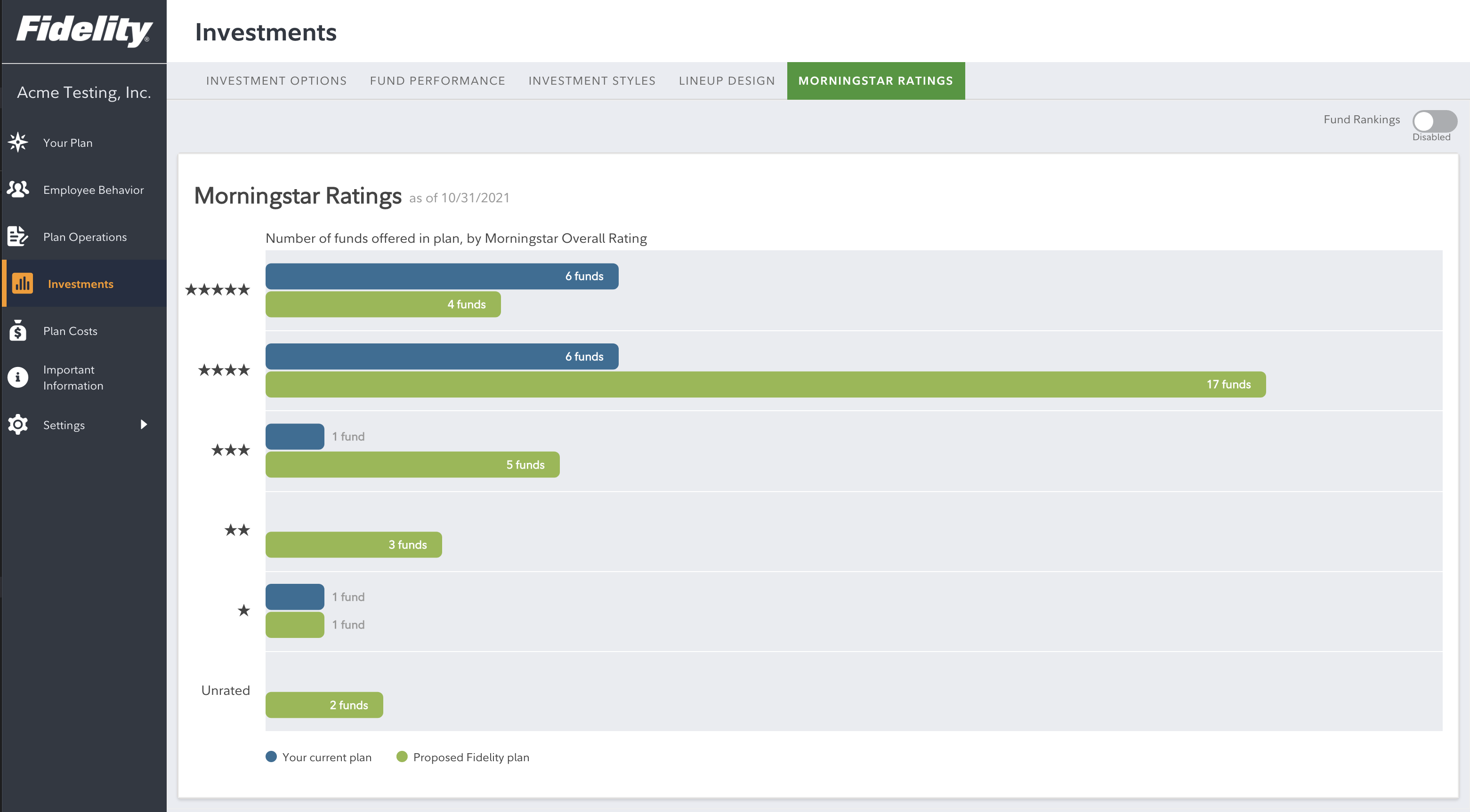 Fidelity PlanExam screenshot of investment comparisons